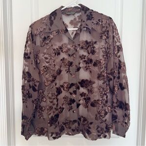 Vintage Amber Dawn Velvet Burnout Blouse XL Brown Floral Sheer Boho Y2K Retro
